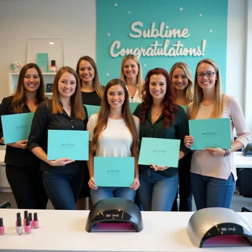 Sublime Professional | Nail Technician Program Online A graduating cohort of Sublime students holding diplomas